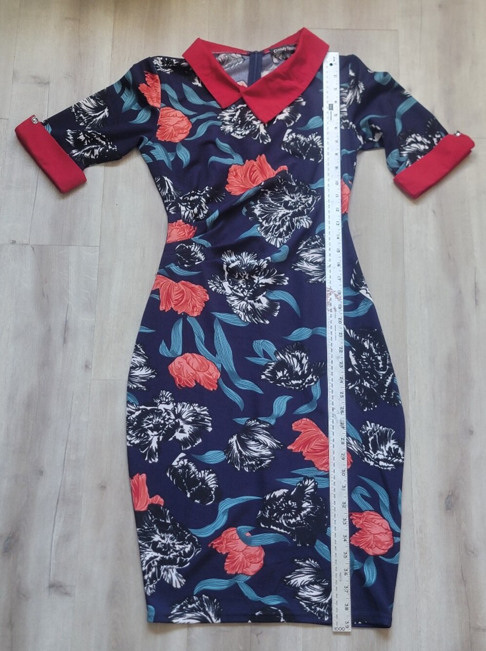 Oxiuly Fashion Floral Midi Bodycon Dress with Red Peter Pan Collar - Size S - Picture 5 of 11